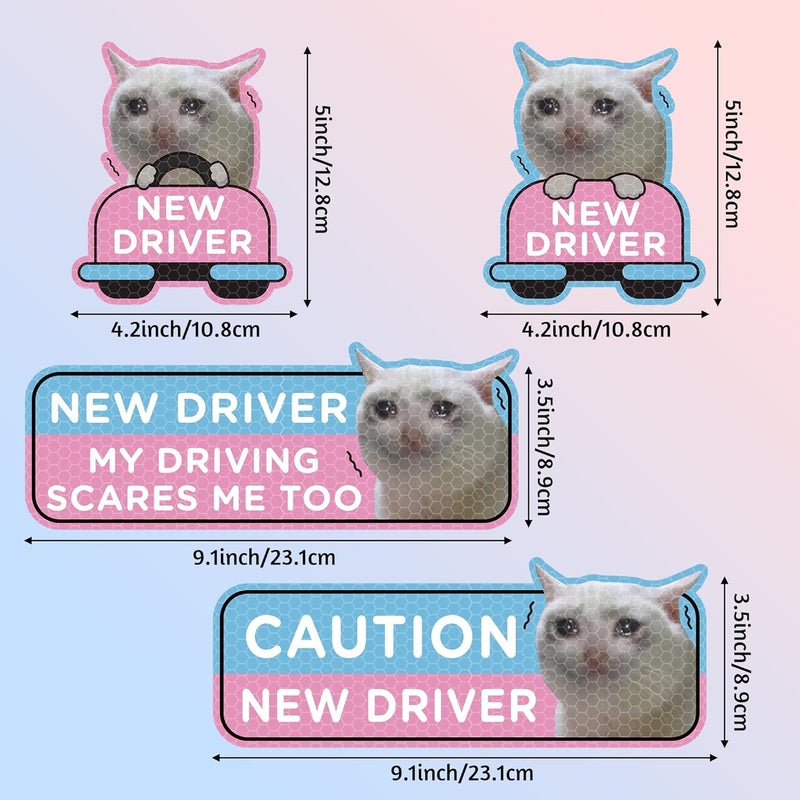 CNhoqc New Driver Car Magnet Reflective Student Driver Sign for Car Bumper Cartoon New Driver Reusable Magnet Sticker for Bumper Safety Sign (4Pcs Crying Cat) - Image 2